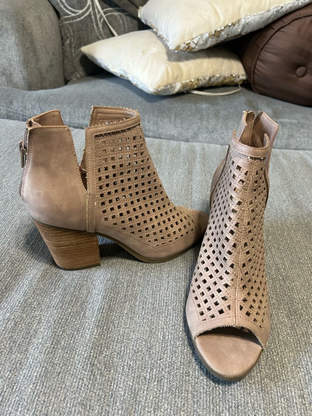Women’s Taupe Perforated Peep-Toe Block Heel Booties size 8.5